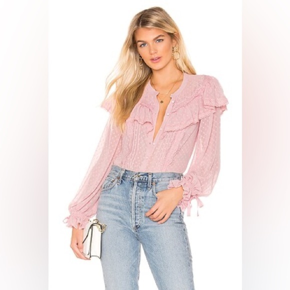 LoveShackFancy Erica SWISS DOT HIGH NECK LACE BLOUSE Ruffled Button Front Sheer - Picture 2 of 16